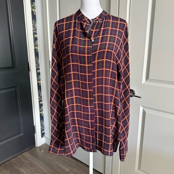 Theory Tops - Theory Plaid Multicolored 100% Silk Long Sleeve Button Down Blouse Size M